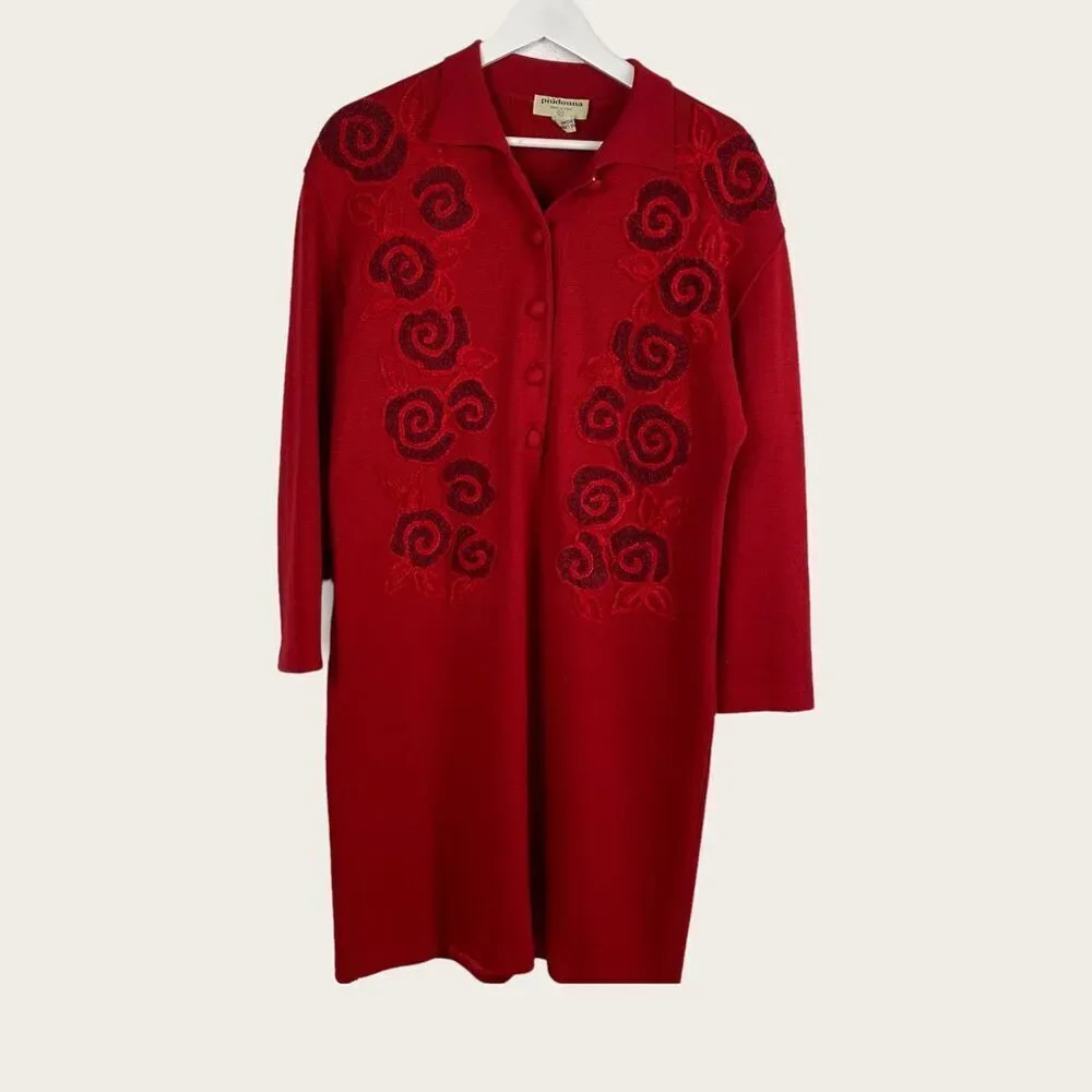 Rare Piudonna Red Virgin Wool Crewelwork Dress